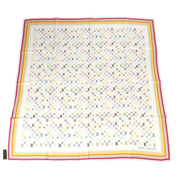 Louis Vuitton White Monogram Multicolor Scarf 70 M71915 Small Good 166347 - Picture 1 of 4